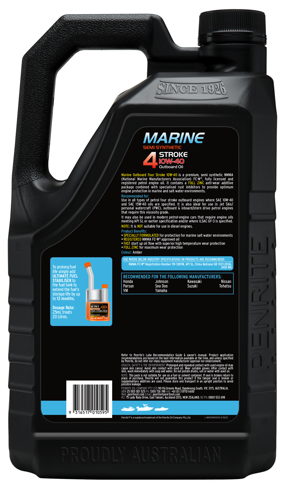 Marine Semi Synthetic Oil - 5 Litres - Penrite MAR10W4005 - SKU MAR10W4005